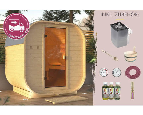 Fasssauna Karibu Vamos 1 inkl. 9 kW und integrierter Steuerung mit bronzierter Ganzglastüre Fasssauna mit Zubehör und Expresslieferung