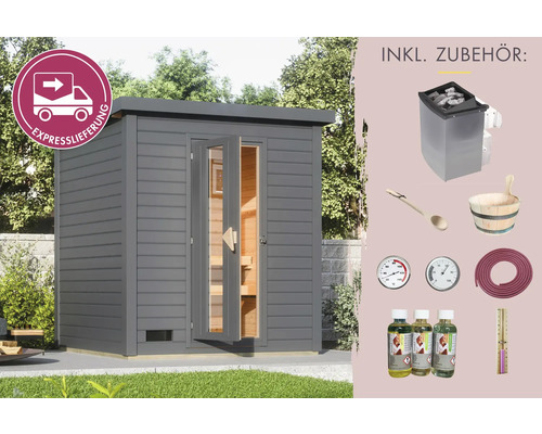 Graue Gartensauna mit Zubehör und Expresslieferung