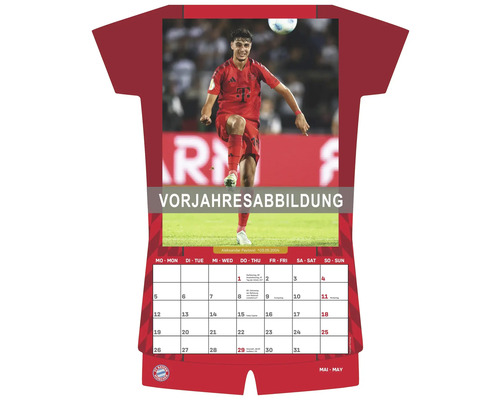Wandkalender im Trikotdesign mit Fußballspieler-Motiv und Monatsübersicht