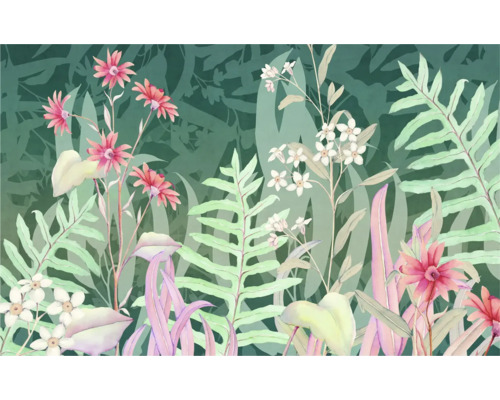 Blumentapete mit floralem Muster aus Farnen und Blüten