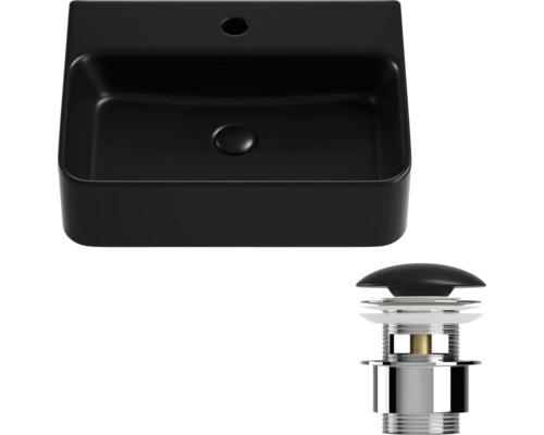 Schwarzes Aufsatzwaschbecken aus Keramik mit Ablaufgarnitur