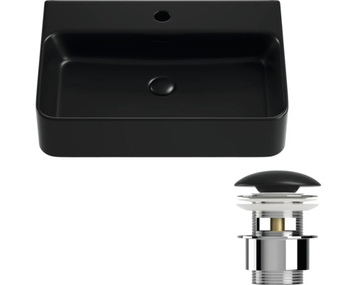 Schwarzes Waschbecken mit Ablaufgarnitur