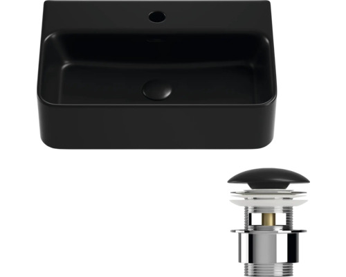 Schwarzes Aufsatzwaschbecken mit Ablaufgarnitur