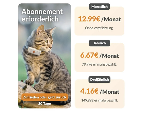 Katze mit Peilsender und Informationen zu Abonnementpreisen