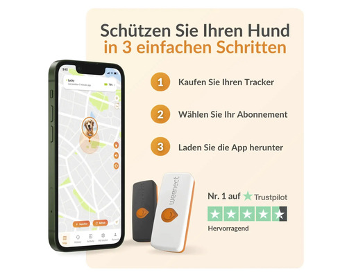 Weenect Hundeortungssystem mit App-Anzeige auf einem Smartphone und Trackern