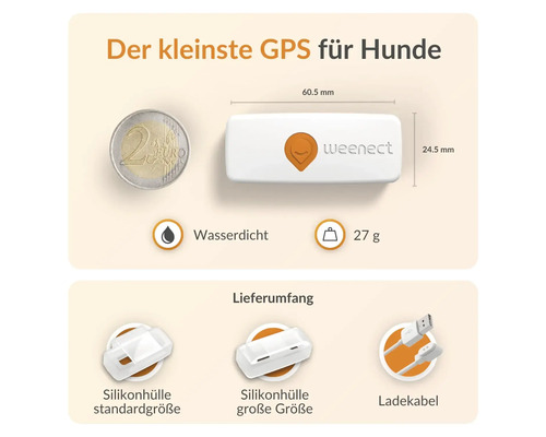Weenect Logo mit Größenangaben, Zubehör und dem Hinweis wasserdicht für den kleinsten GPS Tracker für Hunde.