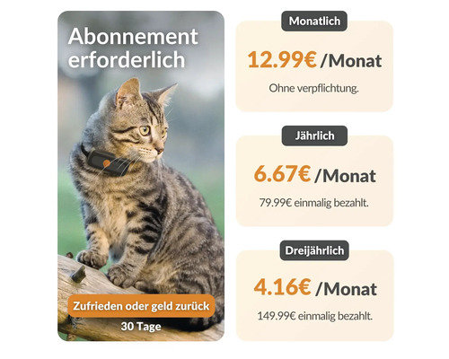Katze mit Trackerhalsband und Informationen zu einem Abonnement