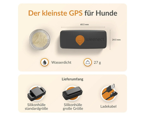Weenect Logo GPS Tracker für Hunde mit Zubehör und Größenangabe