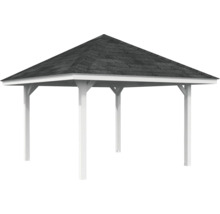 Pavillon mit Schindeldach und weißen Pfosten