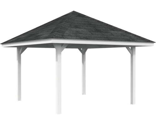 Pavillon mit Schindeldach und weißen Pfosten
