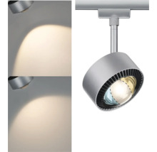 Silberne Stromschienenleuchte mit Lichtkegel