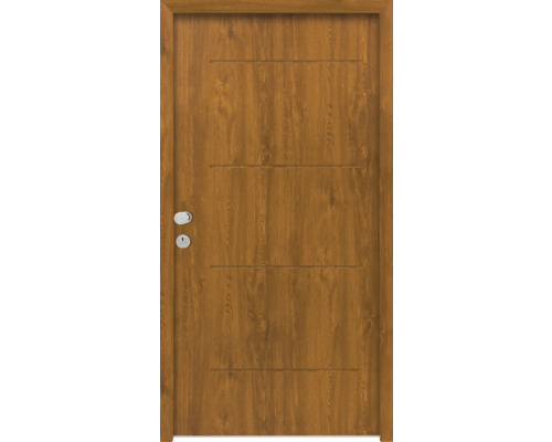 Splendoor Wohnungseingangstür L1 Stahl 1100x2060 mm Golden Oak DIN Links (nach innen öffnend) RC 2 inkl. Beschlagset und Profilzylinder mit 3 Schlüssel,Montageschrauben Holztür mit horizontalen Rillen und Türbeschlägen