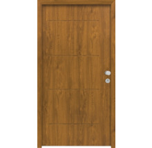 Holztür mit horizontalen Zierlinien und Türbeschlägen