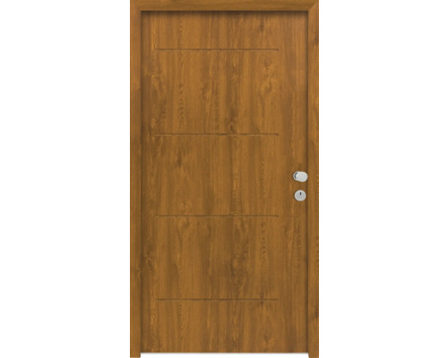 Splendoor Wohnungseingangstür L1 Stahl 1100x2060 mm Golden Oak DIN Rechts (nach innen öffnend) RC 2 inkl. Beschlagset und Profilzylinder mit 3 Schlüssel,Montageschrauben Holztür mit horizontalen Zierlinien und Türbeschlägen