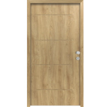 Holztür mit horizontalen Zierleisten und Türbeschlag