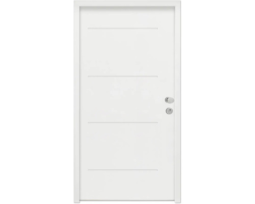 Splendoor Wohnungseingangstür L1 Stahl 950x2000 mm RAL 9016 verkehrsweiß DIN Rechts (nach innen öffnend) RC 2 inkl. Beschlagset und Profilzylinder mit 3 Schlüssel,Montageschrauben Weiße Innentür mit horizontalen Rillen und Türklinke