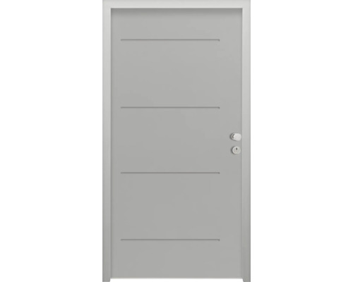 Splendoor Wohnungseingangstür L1 Stahl 950x2000 mm RAL 7042 verkehrsgrau DIN Rechts (nach innen öffnend) RC 2 inkl. Beschlagset und Profilzylinder mit 3 Schlüssel,Montageschrauben Moderne Innentür mit vier horizontalen Zierfräsungen