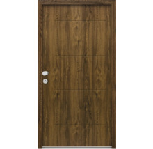 Holztür mit drei horizontalen Zierlinien, Türgriff und Schlüsselloch