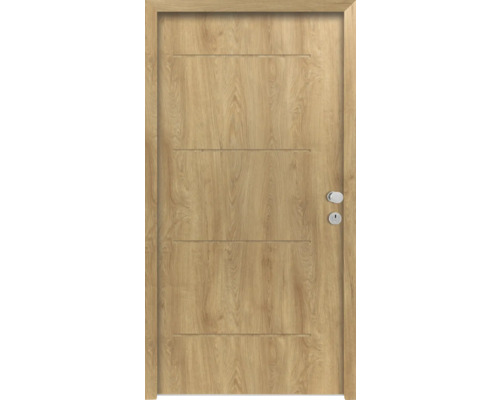 Splendoor Wohnungseingangstür L1 Stahl 950x2000 mm Eiche DIN Rechts (nach innen öffnend) RC 2 inkl. Beschlagset und Profilzylinder mit 3 Schlüssel,Montageschrauben Holzinnentür mit Drückergarnitur und horizontalen Zierfräsungen