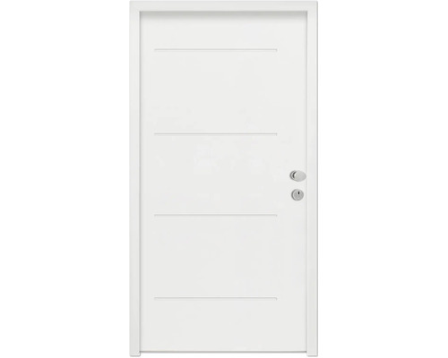 Splendoor Wohnungseingangstür L1 Stahl 970x2000 mm RAL 9016 verkehrsweiß DIN Rechts (nach innen öffnend) RC 2 inkl. Beschlagset und Profilzylinder mit 3 Schlüssel,Montageschrauben Weiße Innentür mit horizontalen Zierlinien und Türbeschlag