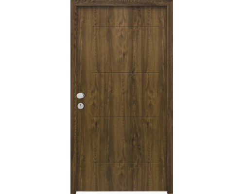 Splendoor Wohnungseingangstür L1 Stahl 970x2000 mm Nussbaum DIN Links (nach innen öffnend) RC 2 inkl. Beschlagset und Profilzylinder mit 3 Schlüssel,Montageschrauben Holztür mit Drückergarnitur und eingelassenen Zierleisten
