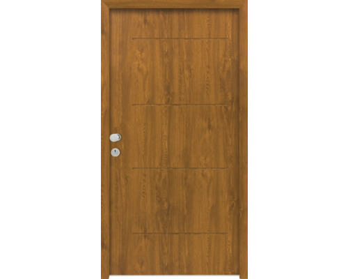 Splendoor Wohnungseingangstür L1 Stahl 1020x2000 mm Golden Oak DIN Links (nach innen öffnend) RC 2 inkl. Beschlagset und Profilzylinder mit 3 Schlüssel,Montageschrauben Holztür mit waagerechten Rillen und Türbeschlägen