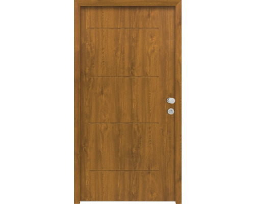 Splendoor Wohnungseingangstür L1 Stahl 1020x2000 mm Golden Oak DIN Rechts (nach innen öffnend) RC 2 inkl. Beschlagset und Profilzylinder mit 3 Schlüssel,Montageschrauben Holztür mit vier horizontalen Zierleisten