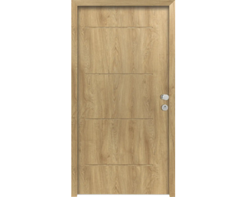 Splendoor Wohnungseingangstür L1 Stahl 1020x2000 mm Eiche DIN Rechts (nach innen öffnend) RC 2 inkl. Beschlagset und Profilzylinder mit 3 Schlüssel,Montageschrauben Holztür mit horizontalen Rillen und Türbeschlägen
