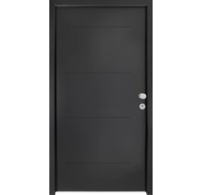 Schwarze Innentür mit horizontalen Zierlinien und Türgriff