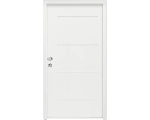Splendoor Wohnungseingangstür L1 Stahl 1100x2000 mm RAL 9016 verkehrsweiß DIN Links (nach innen öffnend) RC 2 inkl. Beschlagset und Profilzylinder mit 3 Schlüssel,Montageschrauben Weiße Innentür mit horizontalen Zierlinien, Türgriff und Schloss.