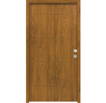 Holztür mit horizontalen Fräsungen und Türbeschlag