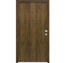 Holztür mit horizontalen Rillen und Türbeschlägen