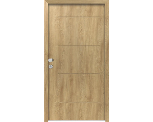 Splendoor Wohnungseingangstür L1 Stahl 1100x2000 mm Eiche DIN Links (nach innen öffnend) RC 2 inkl. Beschlagset und Profilzylinder mit 3 Schlüssel,Montageschrauben Holztür mit horizontalen Rillen und Türgriff