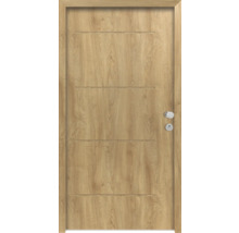 Holztür mit vier horizontalen Zierrillen und Türbeschlägen