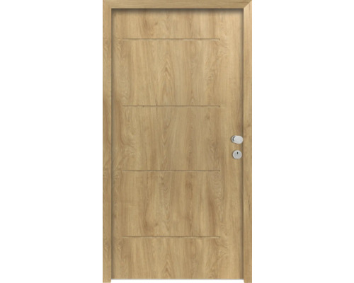 Splendoor Wohnungseingangstür L1 Stahl 1100x2000 mm Eiche DIN Rechts (nach innen öffnend) RC 2 inkl. Beschlagset und Profilzylinder mit 3 Schlüssel,Montageschrauben Holztür mit vier horizontalen Zierrillen und Türbeschlägen