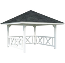 Weißer Pavillon mit Dach aus Dachpappe
