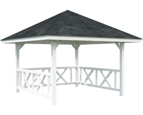 Weißer Pavillon mit Dach aus Dachpappe