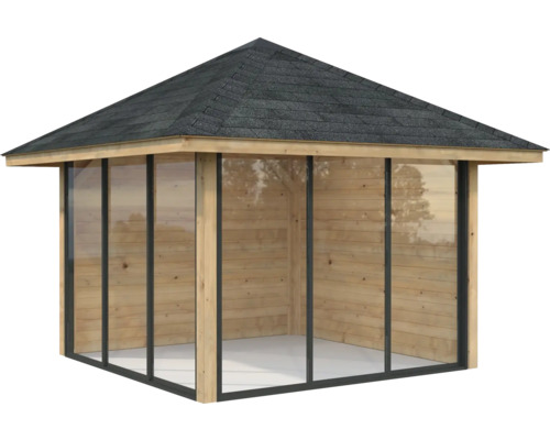 Gartenpavillon mit Dach aus Bitumenschindeln und Holzwänden