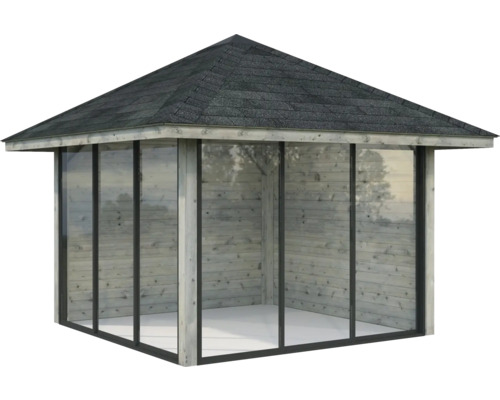 Gartenhaus mit Holzstruktur und Glasfenstern
