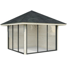 Holzpavillon mit Dach und Glasschiebetüren