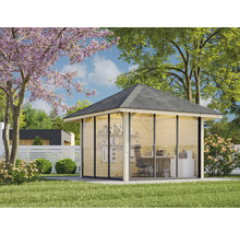 Garten Szene mit modernem Holzgartenhaus mit Glasfront und dunklem Dach