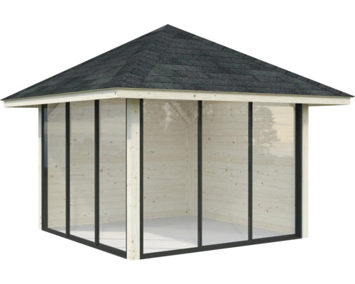 Holzpavillon mit Dach und transparenten Wänden