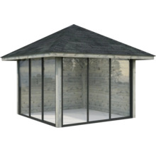 Holzpavillon mit geschlossenem Dach und Glaswänden
