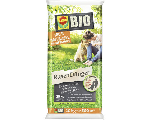 Verpackung von Compo Bio Rasendünger für 500 Quadratmeter und 20 Kilogramm Inhalt