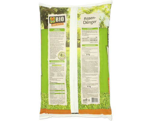 Verpackung Compo Bio Rasendünger mit 20 Kilogramm Inhalt