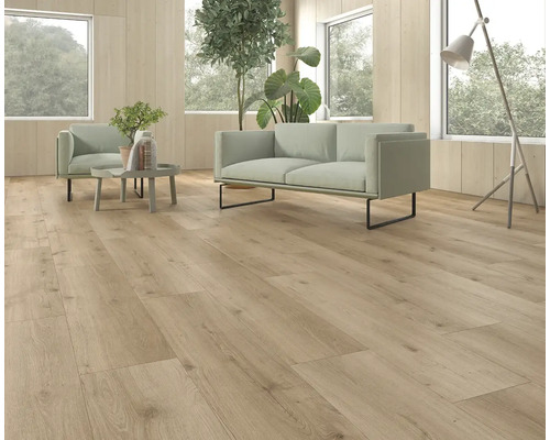 Heller Wohnraum mit Laminatboden, Sofa und Sessel