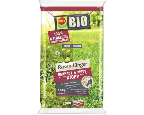 Packung Bio Rasendünger Unkraut und Moos Stopp von Compo, 5,5 Kilogramm für 110 Quadratmeter