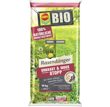 Packung Compo Bio Rasendünger Unkraut und Moos Stopp mit Vorher-Nachher-Vergleich