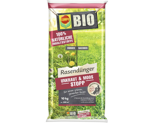 Packung Compo Bio Rasendünger Unkraut und Moos Stopp mit Vorher-Nachher-Vergleich