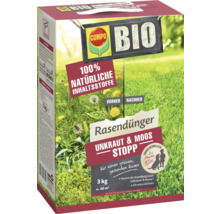 Compo Bio Rasendünger Unkraut und Moos Stopp Packung mit Inhaltsstoffen zur Rasenpflege